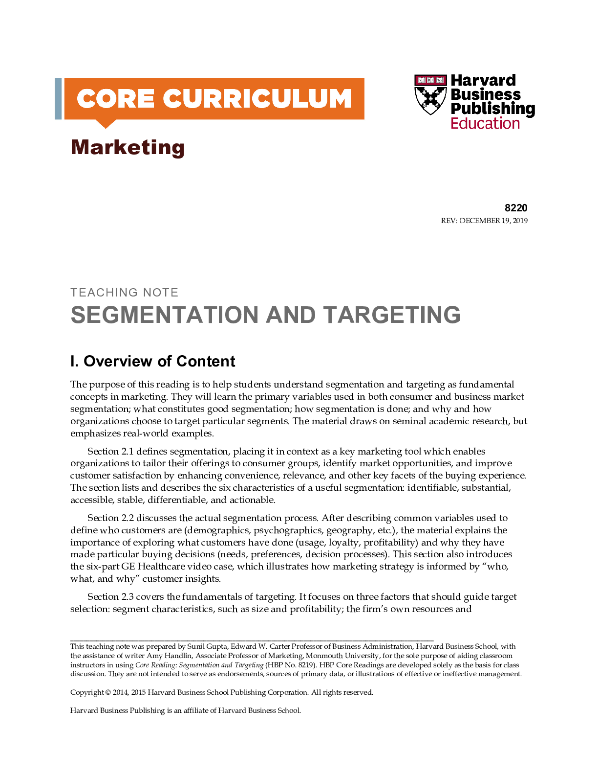 Preview image of Case Solutions/ Notes for Marketing Reading Segmentation and Targeting, By Sunil Gupta document